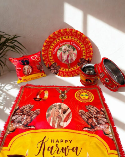 bhavik creations BHAVIK CREATIONS Customised LED Karwa Chauth Thali Set Pack Of 7 Stainless Steel Steel (5 Pieces, Multicolor)