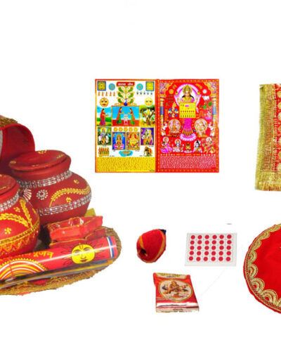 SUNINOW karwa chauth and ahoi thali set with full size chunni Silver Plated (14 Pieces, Multicolor)