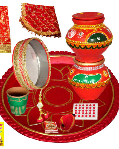 SUNINOW 12 inch terracotta karwa chauth thali and ahoi ashtami thali for pooja Terracotta (19 Pieces, Red, Multicolor)