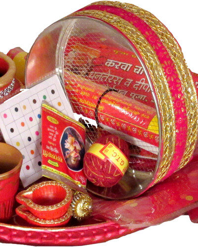 SUNINOW 12 inch terracotta karwa chauth thali with full size chunni and glass for pooja Terracotta (14 Pieces, Red)