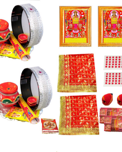 SUNINOW karwachauth thali set for 2 with full size chunni and karwa chauth photo frame | karwa chauth thali set Silver Plated (47 Pieces, Multicolor)