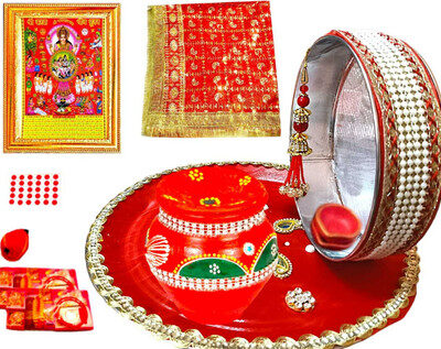 SUNINOW karwa chauth thali set with full size chunni and karwachuth photo frame Crystal (27 Pieces, Red)