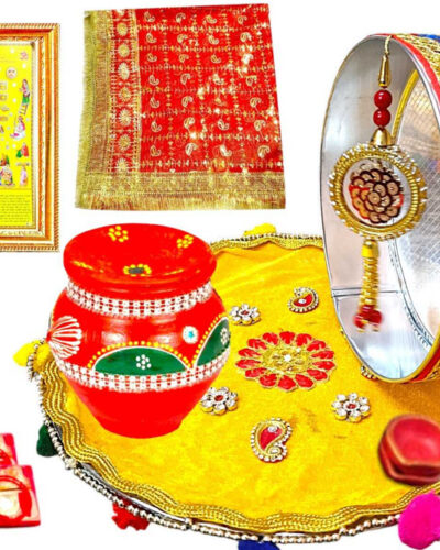 SUNINOW karwa chauth thali set with full size chunni and karwachuth photo frame Silver Plated (27 Pieces, Multicolor)