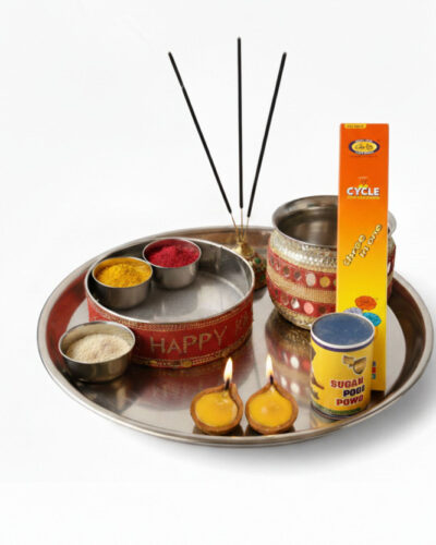 Shubham Bhuyat Karwa Chauth Vrat Puja Kit | Pooja Samagri Set with Karwa, Channi & Diyas Steel (7 Pieces, Multicolor)