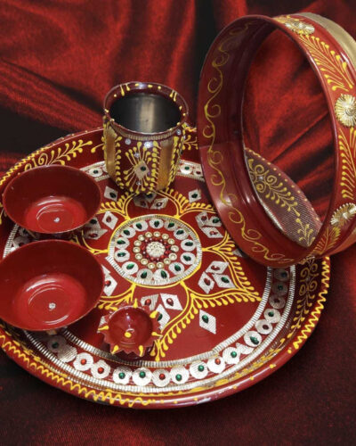 RIGDOM Karwa Chauth 6 Pieces Decorative Pooja Thali Set ( Red) ( Thali Size 11'') Stainless Steel (1 Pieces, Red)