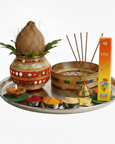 Shubham Bhuyat Karwa Chauth Vrat Puja Kit | Pooja Samagri Set with Karwa, Channi & Diyas Steel (7 Pieces, Multicolor)
