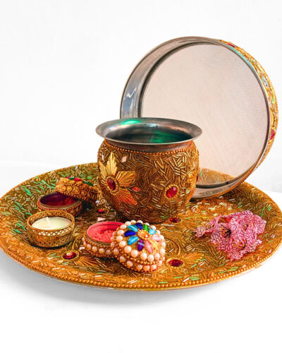 Shri Shri Handicraft Karwa Chauth Pooja Thali Set with Chalni Lota Diya Kumkum and Sindoor Dani Steel, Aluminium (1 Pieces, Gold)