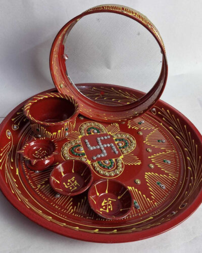 AAVIRA Stainless Steel Karwa Chauth Thali Set,1 Chalni 2 Bowls 1 Diya and 1 Lota Red Stainless Steel (1 Pieces, Multicolor)