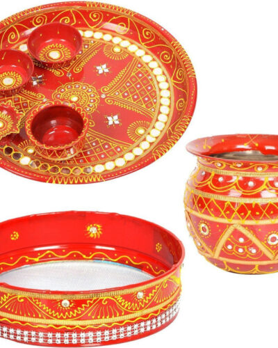 BAISA Stainless Steel Karwa Chauth Decorative Pooja Thali Set (Red) (Thali Size 11") Steel (3 Pieces, Red)